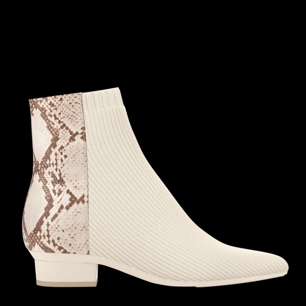 Pashion Footwear Cream Knit Ankle Boot with Snake-Print Heel Accent